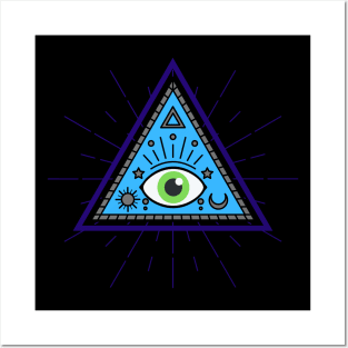 All Seeing eye - blue and grey with green eye Posters and Art